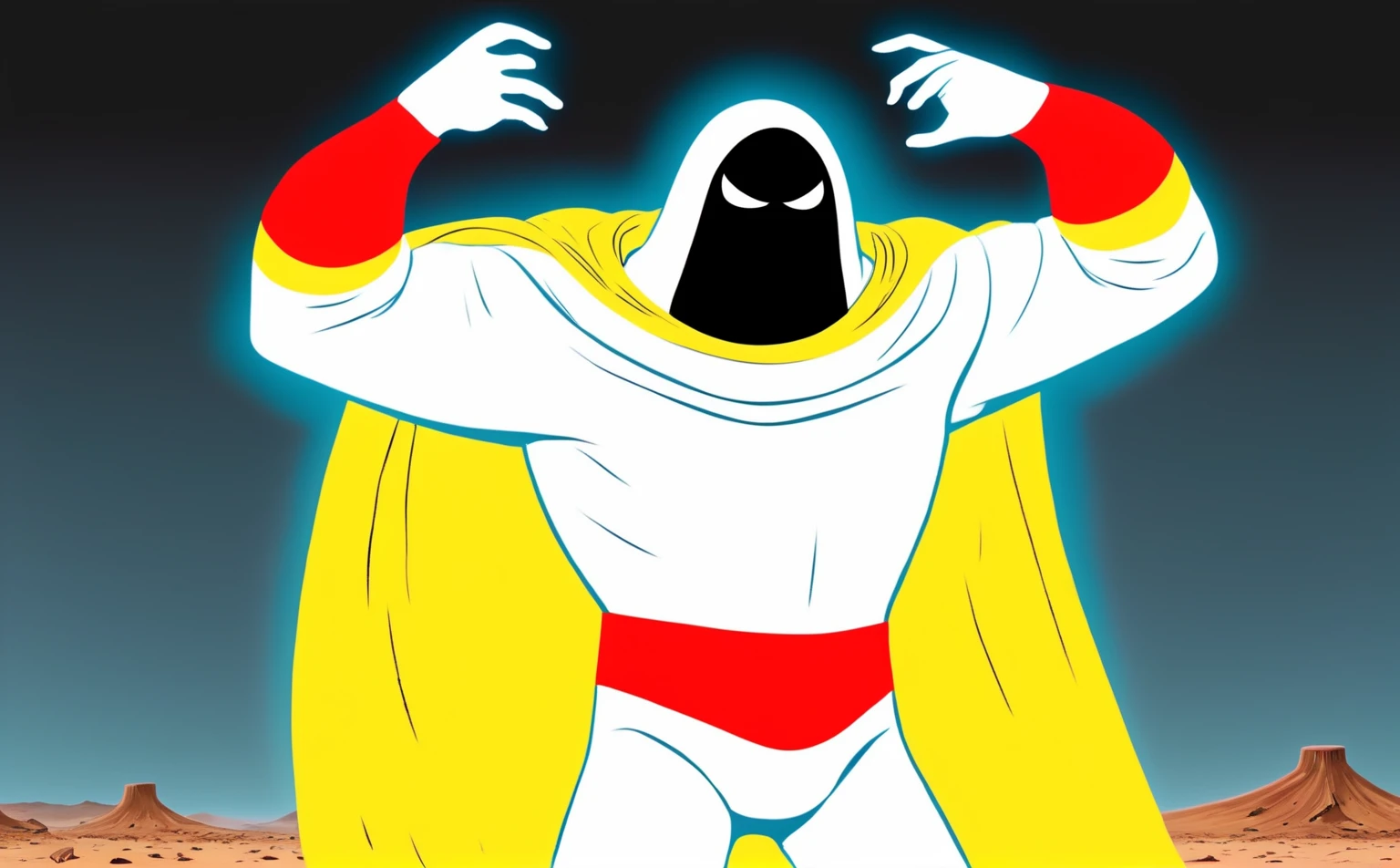 Post-Apocalyptic Wasteland, Space Ghost dancing a vile stanky boogie dance, exaggerated, excessive, cel shading, harsh desert conditions, extreme heat, cinematic, rich color grading, sense of energy, A wordless, visually hilarious, cohesive, intense meme that conveys overwhelming joy
