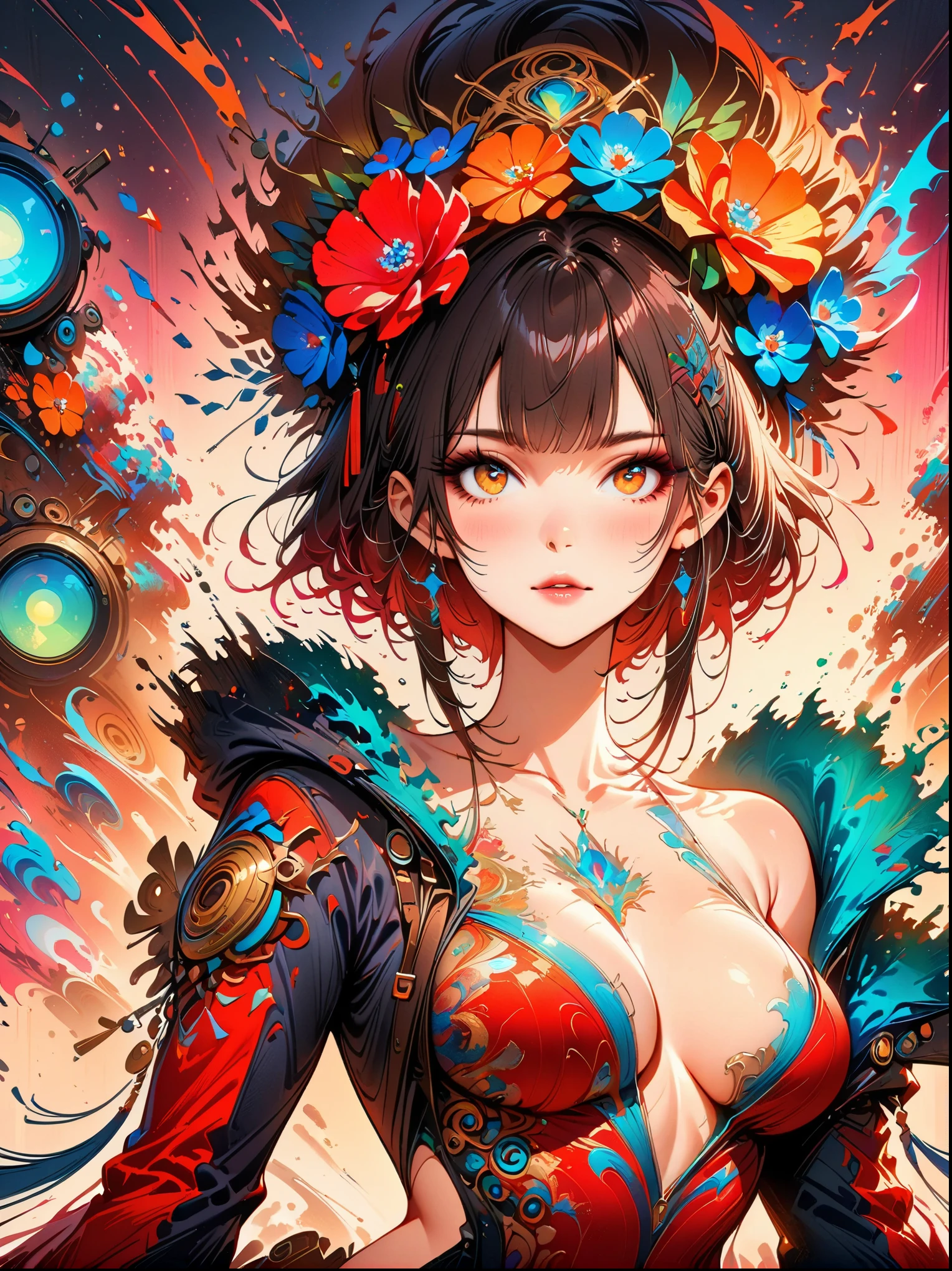 (Neon),Circuit Board,top quality,masterpiece:1.2,(Beautiful girl wearing fruit flower hat), Gurwitz-style artwork,Artistic Creativity:1.3,Practical,Neon,(Liquid light background),(Cowboy shooting:1.9),(Ultra HD, masterpiece, precise, anatomically correct, textured skin, Super Detail, High Detail, The award-winning, best quality, 8k)