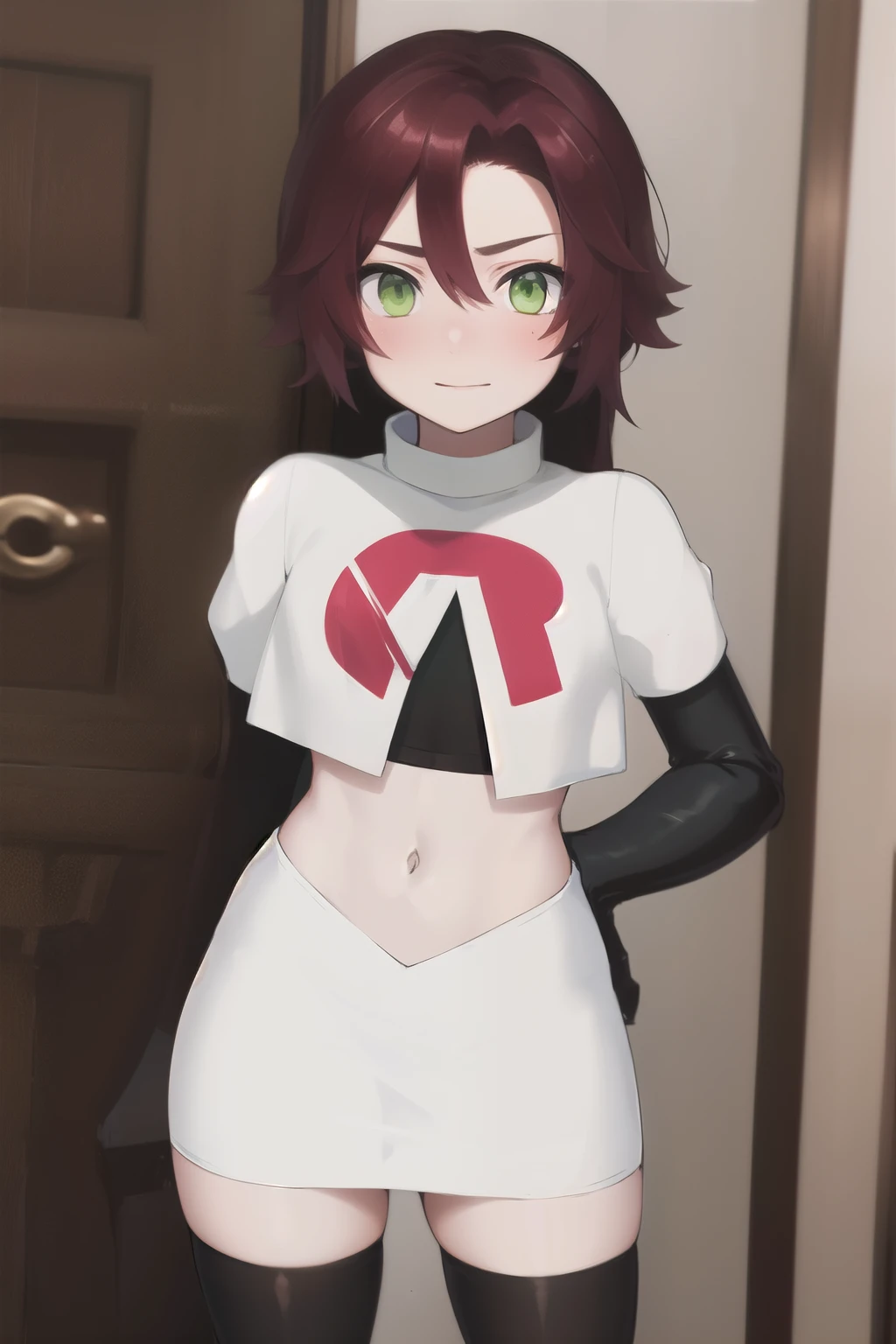 masterpiece, absurdres, Shikanoin Heizou, green eyes,male focus, trap, crossdressing,1boy,team rocket,team rocket uniform,white skirt,red letter R,crop top,black thigh-highs,black elbow gloves, embarrassed, blush