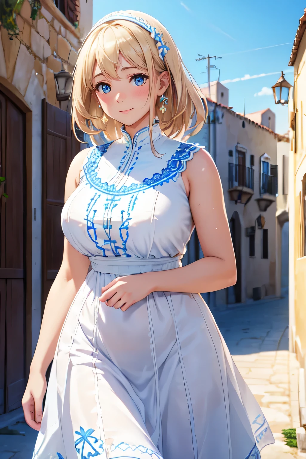 (high quality, High resolution, The finer details), Realistic, Mediterranean town, Strong sunlight, White Dress, break (Blue embroidery:1.3), alone, Curvy Women, Sparkling eyes, (Fine grain), smile, blush, Sweat, Oily skin, Soft tone, Shallow depth of field