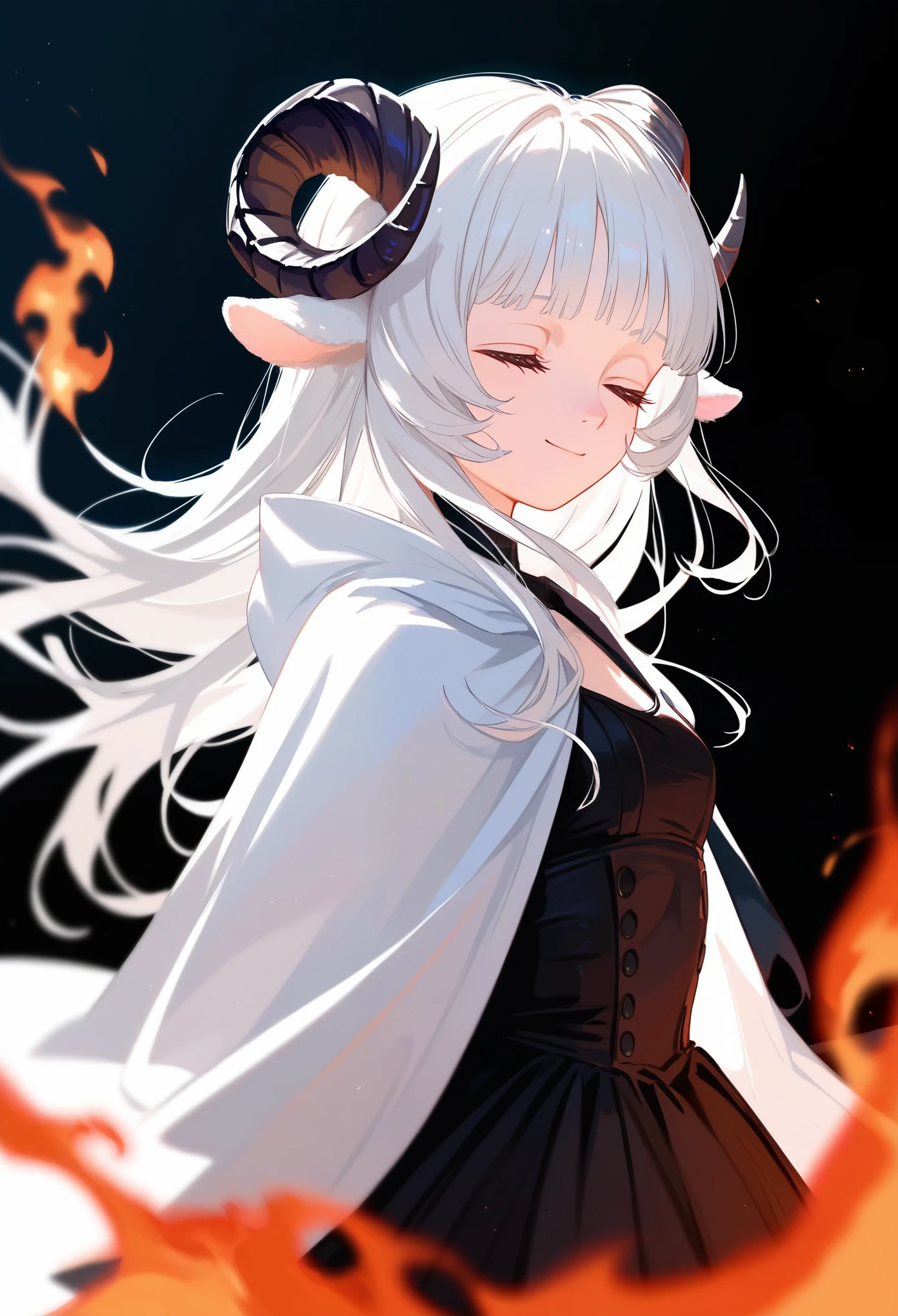 (score_9, score_8_up, score_7_up), 1girl, solo, sheep horns, curled horns, black horns, white sheep ears, white hair, long hair, hime cut, long bangs, sheep horns, curled horns, closed eyes, small smile, sleepy, small breasts, standing, wearing a white hooded cultist cloak, hood off, black victorian dress beneath, black background, simple background, surrounded by fire, depth of field, sharp focus, upper body, highres, detailed, best quality, masterpiece,