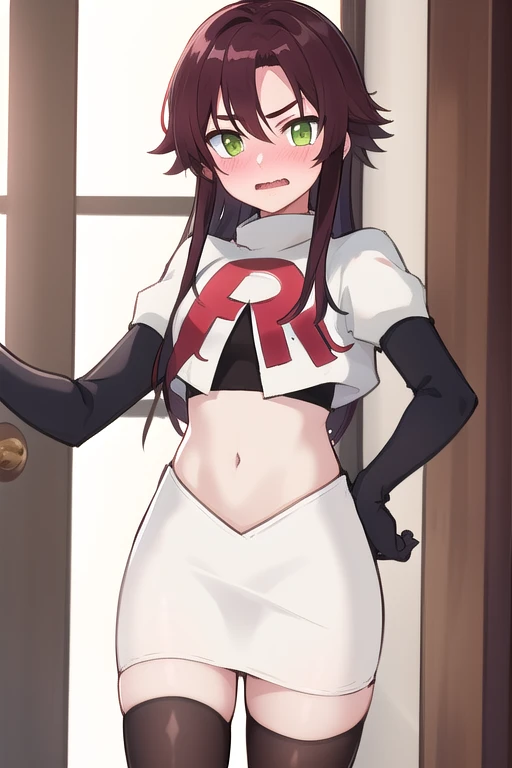 masterpiece, absurdres, Shikanoin Heizou, green eyes,male focus, trap, crossdressing,1boy,team rocket,team rocket uniform,white skirt,red letter R,crop top,black thigh-highs,black elbow gloves, embarrassed, blush