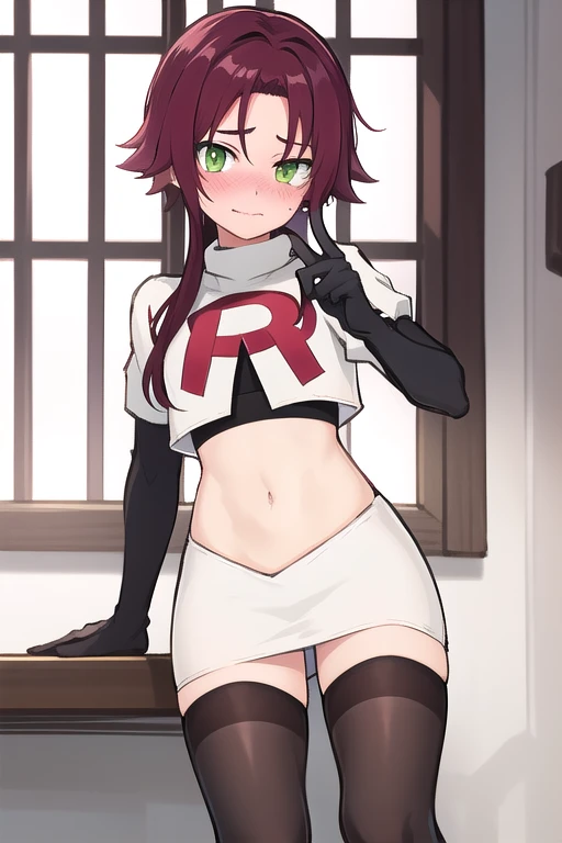 masterpiece, absurdres, Shikanoin Heizou, green eyes,male focus, trap, crossdressing,1boy,team rocket,team rocket uniform,white skirt,red letter R,crop top,black thigh-highs,black elbow gloves, embarrassed, blush