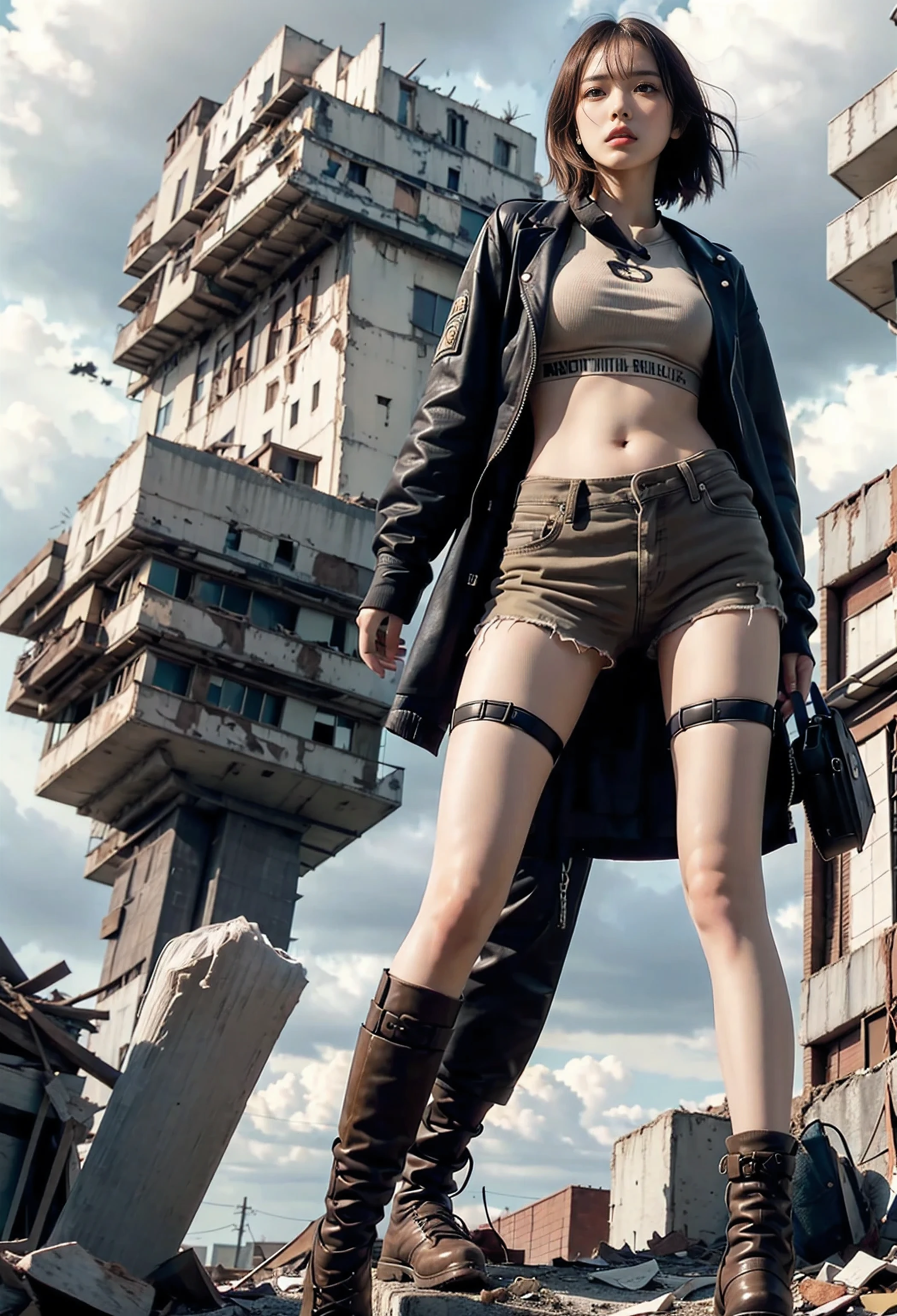 Brown short hair girl、A structure piercing the sky in the distance、anime art wallpaper 8k, 16k、(Disparity society)、((One of his arms is made of machinery))、Black long boots、((A ruined world))、Destroyed City、(a girl standing at the rooftop of a building)、Clothes dirty with dust、Damage costume、((Black make-up on the face))、Fluttering costumes、Exploding buildings、Dark Clouds、(Dystopia)、((Chaotic world))、