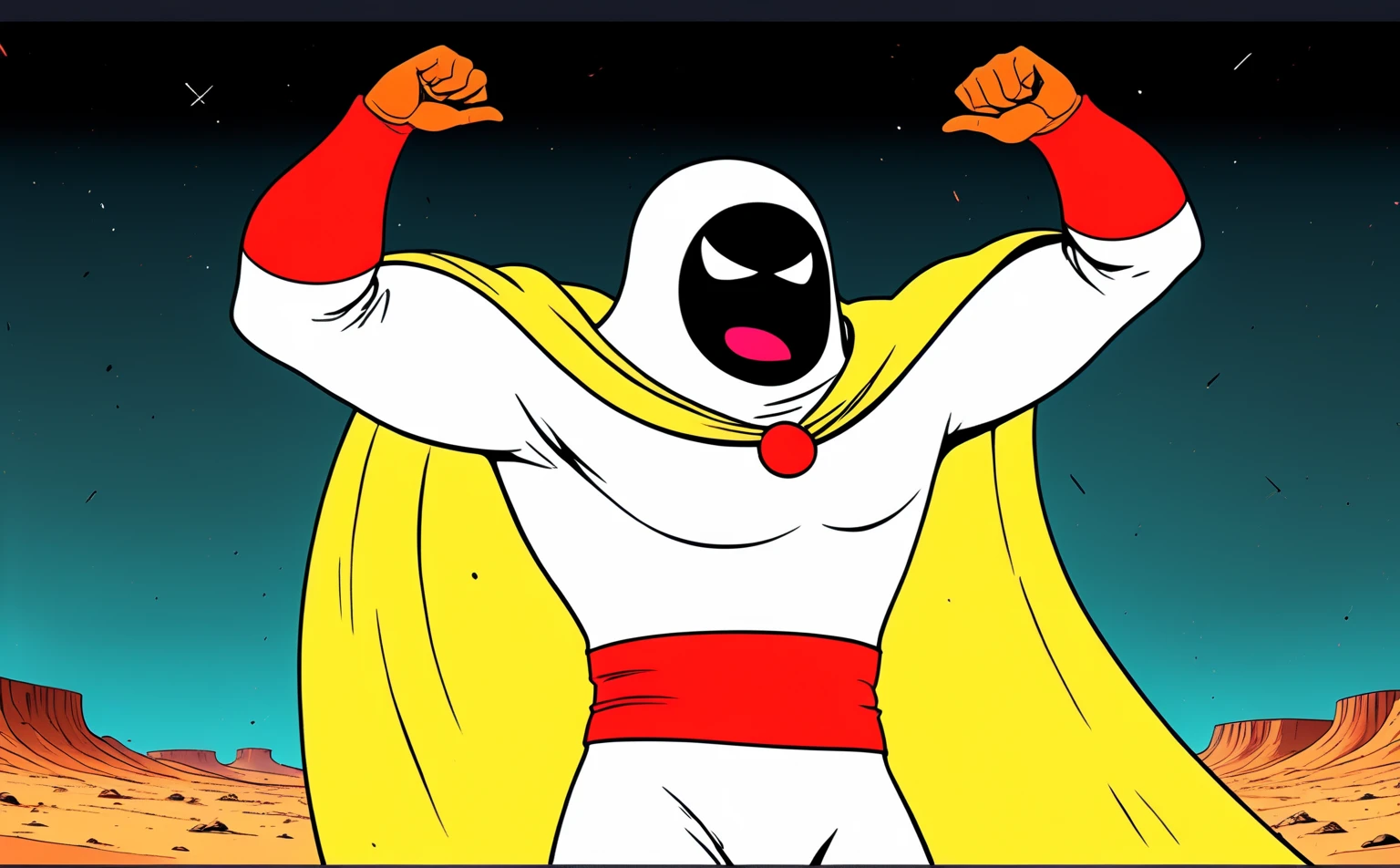 Post-Apocalyptic Wasteland, Space Ghost dancing a vile stanky boogie dance, exaggerated, excessive, cel shading, harsh desert conditions, extreme heat, cinematic, rich color grading, sense of energy, A wordless, visually hilarious, cohesive, intense meme that conveys overwhelming joy
