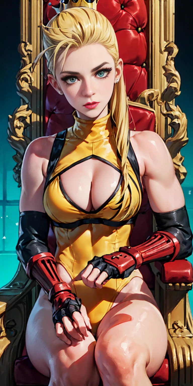 Cammy, elegant adult female, blonde, green eyes, (yellow eyelashes), crown, turtleneck, cleavage cutout, sleeveless, blue leotard, elbow gloves, gauntlets, blue thigh, elegantly (sit on throne), throne room, close-up protrait, high resolution, extremely detail 8k cg, yellow bikini (yellow tiger stripes)