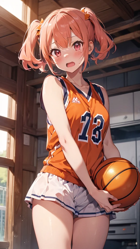 mastute piece,Best Quality,insanely detailed,8k cg,
shoot upper body,
1girl,standing,body in front,looking at viewer,(orange basketball uniform),
blush,shy,(trembling:1.2),pink hair,break,open mouth,basketball court,