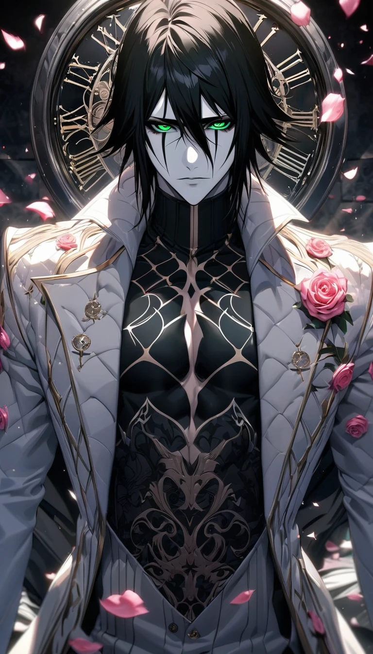 absurdres, highres, ultra detailed, HDR, masterpiece, extremely detailed face and eyes, perfect face, Ulquiorra Cifer, black hair, hair between the eyes, expressive green eyes, pale skin, Bleach, solo, sexy man, handsome, white coat, tight black shirt, patterns, pink roses, petals, in woderland, clock