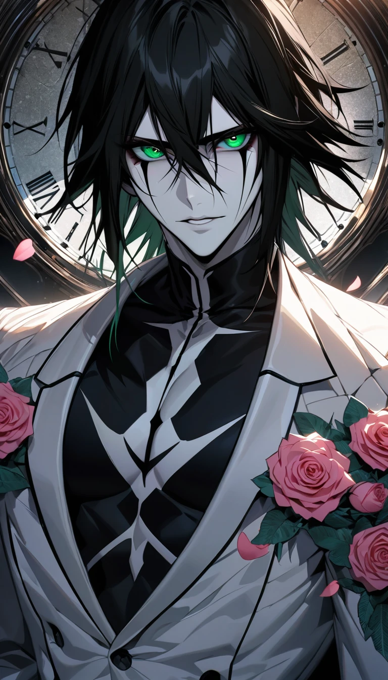 absurdres, highres, ultra detailed, HDR, masterpiece, extremely detailed face and eyes, perfect face, Ulquiorra Cifer, black hair, hair between the eyes, expressive green eyes, pale skin, Bleach, solo, sexy man, handsome, white coat, tight black shirt, patterns, pink roses, petals, in woderland, clock