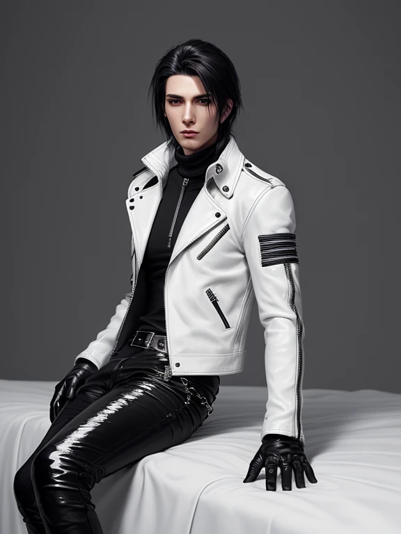 Final Fantasy-style graphics, young, Cute and cool Japanese boys, Thin eyebrows and big eyes, He is wearing a shiny white single-breasted leather jacket..。Biker style leather jacket、 with epaulettes, The jacket is zipped up, The jacket pockets are black., The jacket has a high stand-up collar with a belt, Also wearing a black turtleneck, Black Leather Pants, Thin black leather gloves on both hands, Black leather knee-high lace-up boots, Show me your whole body from head to toe, Final Fantasy Style、((good looking))、((Clear eyes and nose))、((Shiny white single leather jacket))、((The jacket must be white))((The jacket has epaulettes))、((The jacket has a high stand-up collar and is belted.))、((The jacket has a black pocket))、((Black turtleneck shirt))、((Shiny black leather pants))、((Shiny black leather gloves on both hands))、((Black lace-up leather long boots))、((View a head-to-toe image in the distance))、Realistic image quality and texture、In a small cell、close your eyes、Has a gentle smile、((The jacket is closed with a zipper))、((No exposed skin below the neck))、((Sitting on the bed))
