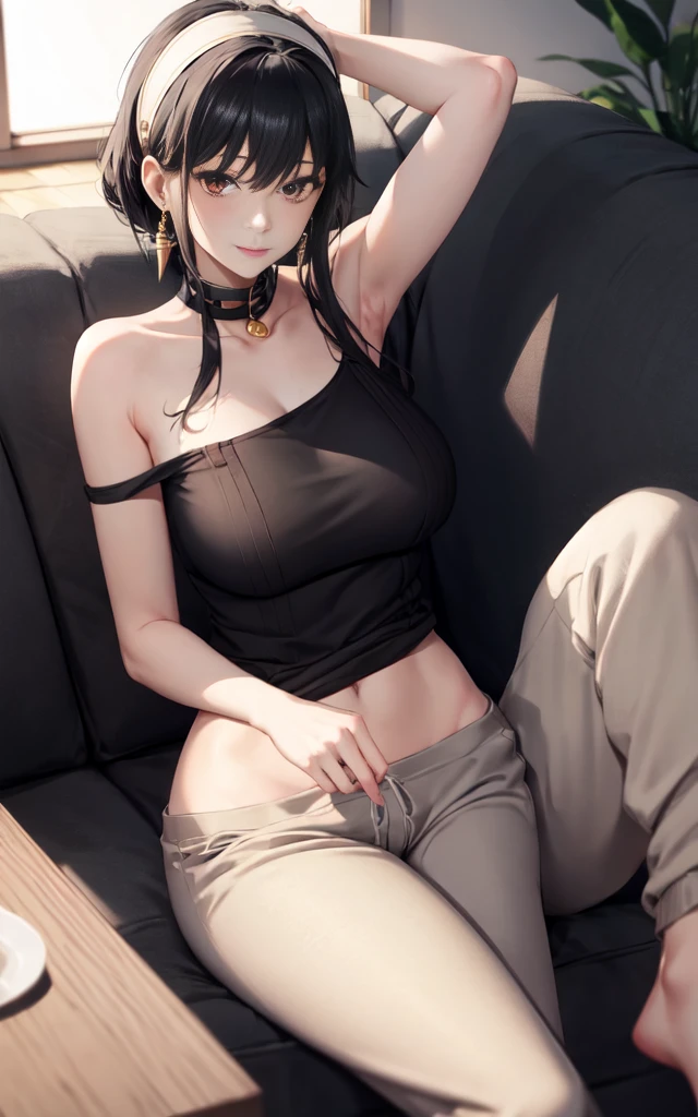 yor forger yor briar,spyxfamily, madsterpiece), black tanktop,tight tanktop, baggy sweatpants, sweatpants, cleavege, single shoulder stop, off shoulder, collar bone, white headband, gold earrings, natural makeup, staring at viewer, sitting on couch, bare neck, neck, slight smile, grey sweat pants, naked neck, thigh gap, hand on back of head, mature woman, milf
