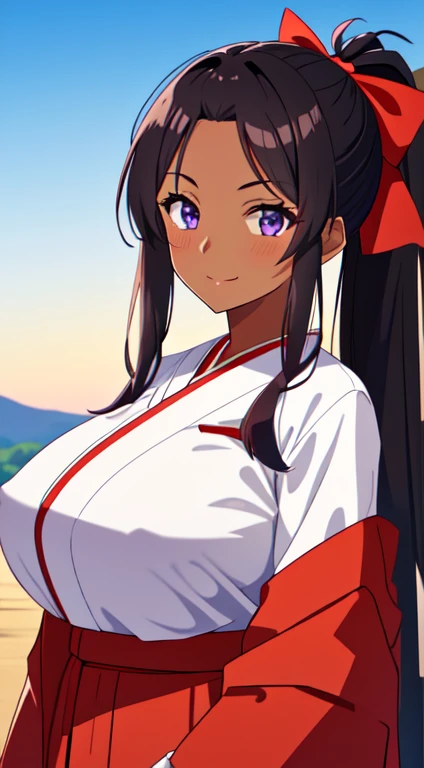 masterpiece, best quality, anime Illustration, 4k, 1 girl, solo, standing, long hair, black hair, violet eyes, high ponytail, red hair ribbon, red ribbon, red hakama and white kimono, thin fabric, nipples, erect nipples, big breasts, huge breasts, looking_at_viewer, motherly smile, upper_body, dark skin, ((Village background:1.0)), ((dark skin: 1.5)), , ((parted bangs: 1.4)),  parted bangs, large forehead, purple eyes, red hakama