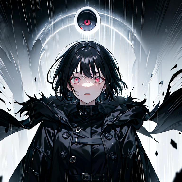 Black hair girl , oversized coat , Raining, dark room background, glowing eye, , crying black tear,