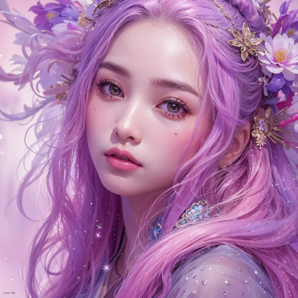 （（（Single eyelid）））Snow hoop exclusion area 32K（tmasterpiece，k hd，hyper HD，32K）Long flowing purple-pink hair，Autumn Pond，zydink， a color， Tongzhou people （Girl with glowing eyes）， （Thin silk scarf）， Side squat position， looking at the ground， long whitr hair， Floating hair， Python headdress， Chinese long-sleeved clothing， （abstract ink splash：1.2）， white backgrounid，Lotus protector（realisticlying：1.4），Purple-pink hair，Snowflakes fluttering，The background is pure， A high resolution， the detail， RAW photogr， Sharp Re， Nikon D850 Film Stock Photo by Jefferies Lee 4 Kodak Portra 400 Camera F1.6 shots, Rich colors, ultra-realistic vivid textures, Dramatic lighting, Unreal Engine Art Station Trend, cinestir 800，Long flowing purple-pink hair，((masterpiece)). This artwork is sweet, dreamy and ethereal, with soft pink watercolor hues and candy accents. Generate a delicate and demure fae exploring a (bubblegum world with a wide variety of pastel shades). Her sweet face is extremely detailed and realistic with elegant features and a fierce expression, and looks like ((((naomi scott)))). Include mature features and stunning, highly realistic eyes. Her eyes are important and should be realistic, highly detailed, and beautiful. In high definition and detail, include lots of details like stars, galaxies, colorful bubbles, colorful petals, and lots of energy and emotion! The stars and colorful bubblegum bubbles are important! Include fantasy details, enhanced details, iridescence, colorful glittering wind, and pollen. Pay special attention to her face and make sure it is beautifully and realistically detailed. The image should be dreamy and ethereal.8k, intricate, elegant, highly detailed, majestic, digital photography