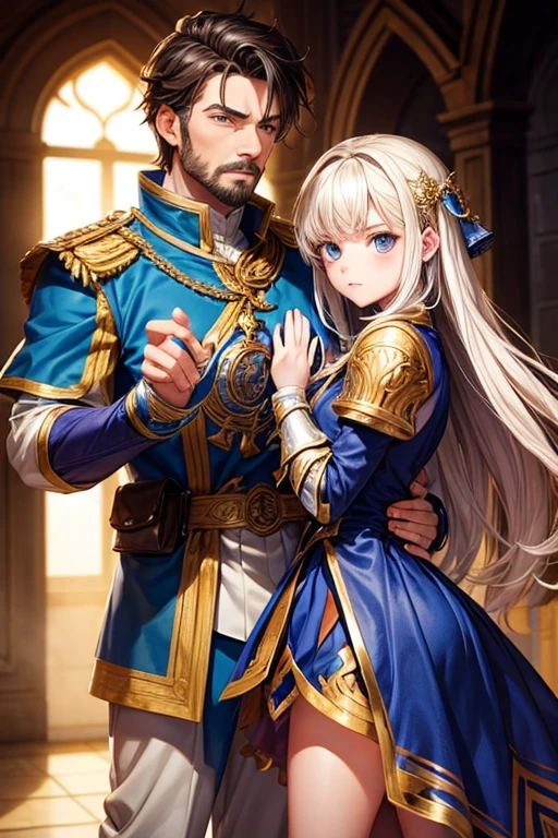 um homem e uma mulher vestindo uma armadura prussiana decorada.