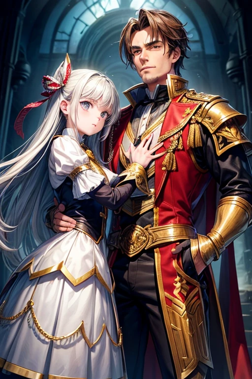 A man holding a teenage girl. They are wearing fantasy uniforms. the girl dislikes the man.