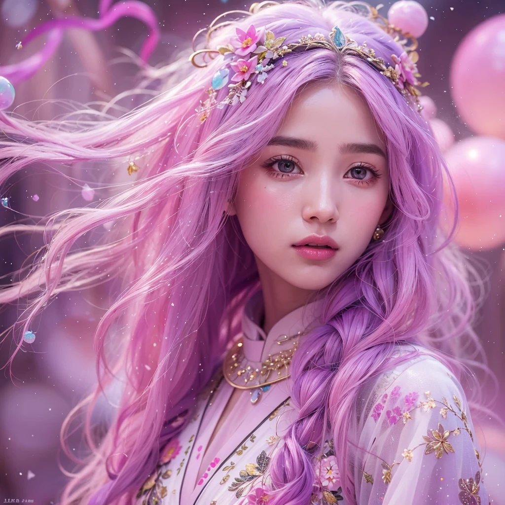 （（（Single eyelid）））Snow hoop exclusion area 32K（tmasterpiece，k hd，hyper HD，32K）Long flowing purple-pink hair，Autumn Pond，zydink， a color， Tongzhou people （Girl with glowing eyes）， （Thin silk scarf）， Side squat position， looking at the ground， long whitr hair， Floating hair， Python headdress， Chinese long-sleeved clothing， （abstract ink splash：1.2）， white backgrounid，Lotus protector（realisticlying：1.4），Purple-pink hair，Snowflakes fluttering，The background is pure， A high resolution， the detail， RAW photogr， Sharp Re， Nikon D850 Film Stock Photo by Jefferies Lee 4 Kodak Portra 400 Camera F1.6 shots, Rich colors, ultra-realistic vivid textures, Dramatic lighting, Unreal Engine Art Station Trend, cinestir 800，Long flowing purple-pink hair，((masterpiece)). This artwork is sweet, dreamy and ethereal, with soft pink watercolor hues and candy accents. Generate a delicate and demure fae exploring a (bubblegum world with a wide variety of pastel shades). Her sweet face is extremely detailed and realistic with elegant features and a fierce expression, and looks like ((((naomi scott)))). Include mature features and stunning, highly realistic eyes. Her eyes are important and should be realistic, highly detailed, and beautiful. In high definition and detail, include lots of details like stars, galaxies, colorful bubbles, colorful petals, and lots of energy and emotion! The stars and colorful bubblegum bubbles are important! Include fantasy details, enhanced details, iridescence, colorful glittering wind, and pollen. Pay special attention to her face and make sure it is beautifully and realistically detailed. The image should be dreamy and ethereal.8k, intricate, elegant, highly detailed, majestic, digital photography