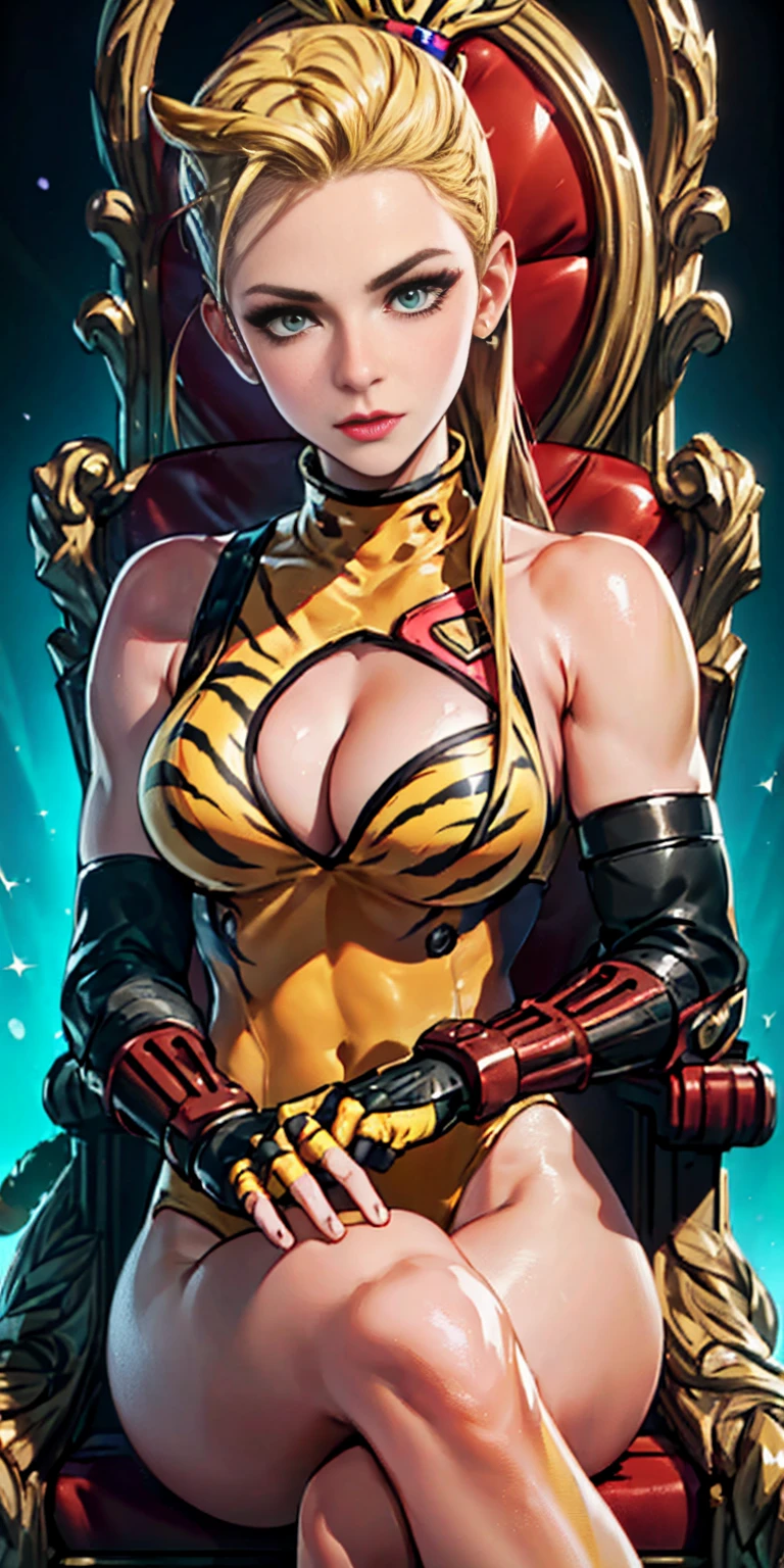 Cammy, elegant adult female, blonde, green eyes, (yellow eyelashes), crown, turtleneck, cleavage cutout, sleeveless, blue leotard, elbow gloves, gauntlets, blue thigh, elegantly (sit on throne), throne room, close-up protrait, high resolution, extremely detail 8k cg, yellow bikini (yellow tiger stripes)