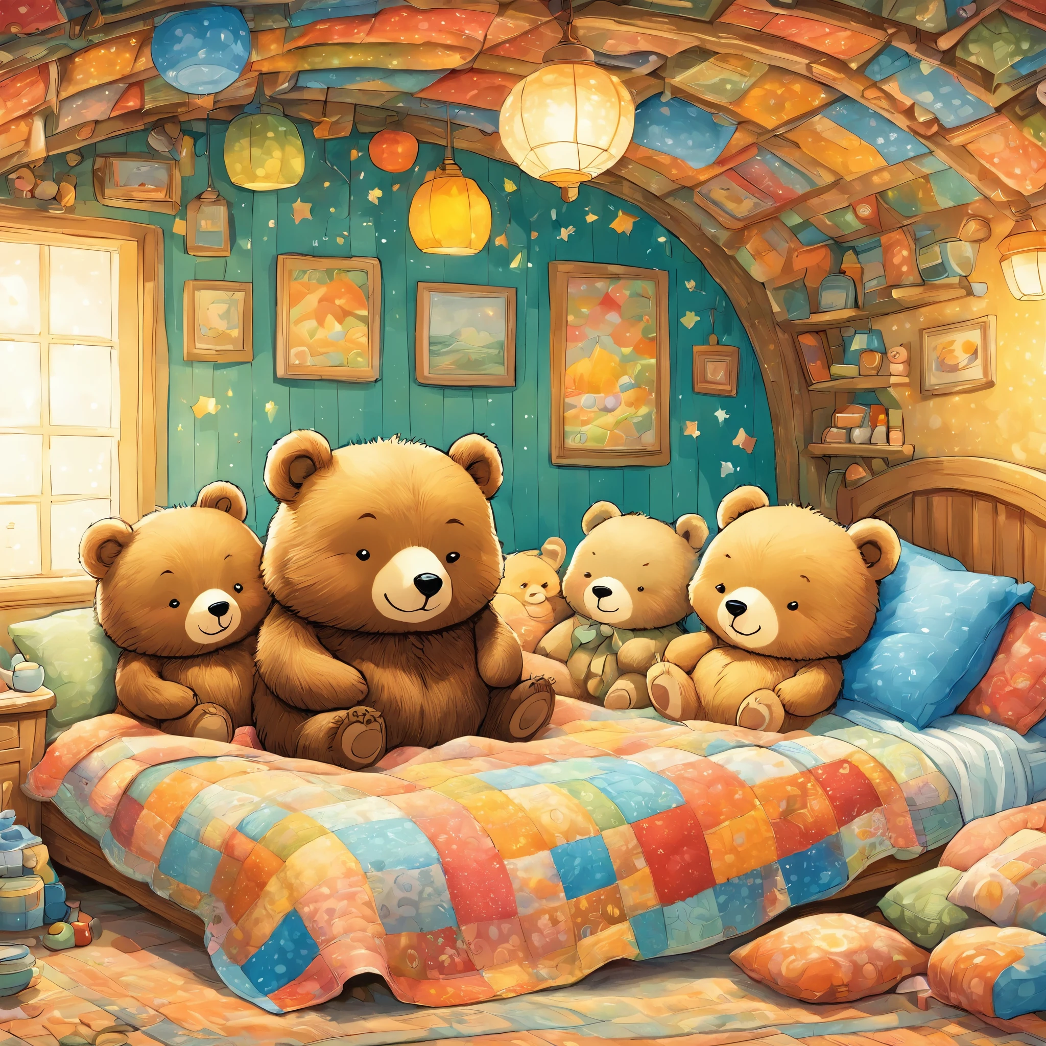 cuteAn illustrationクマの家,bear family:animal:hibernating:cute:Nestle:Sleep:comfortable and warm:looks happy,An illustration,pop,colorfulに,draw with thick lines,color,dim,Lamp light,hibernatingのbear familyが眠っています:dream happy dreams,The house is warm and full of happiness,,colorful,Fancy,Fantasy,patchwork:quilt,detailed details,fluffy,Randolph Caldecott Style