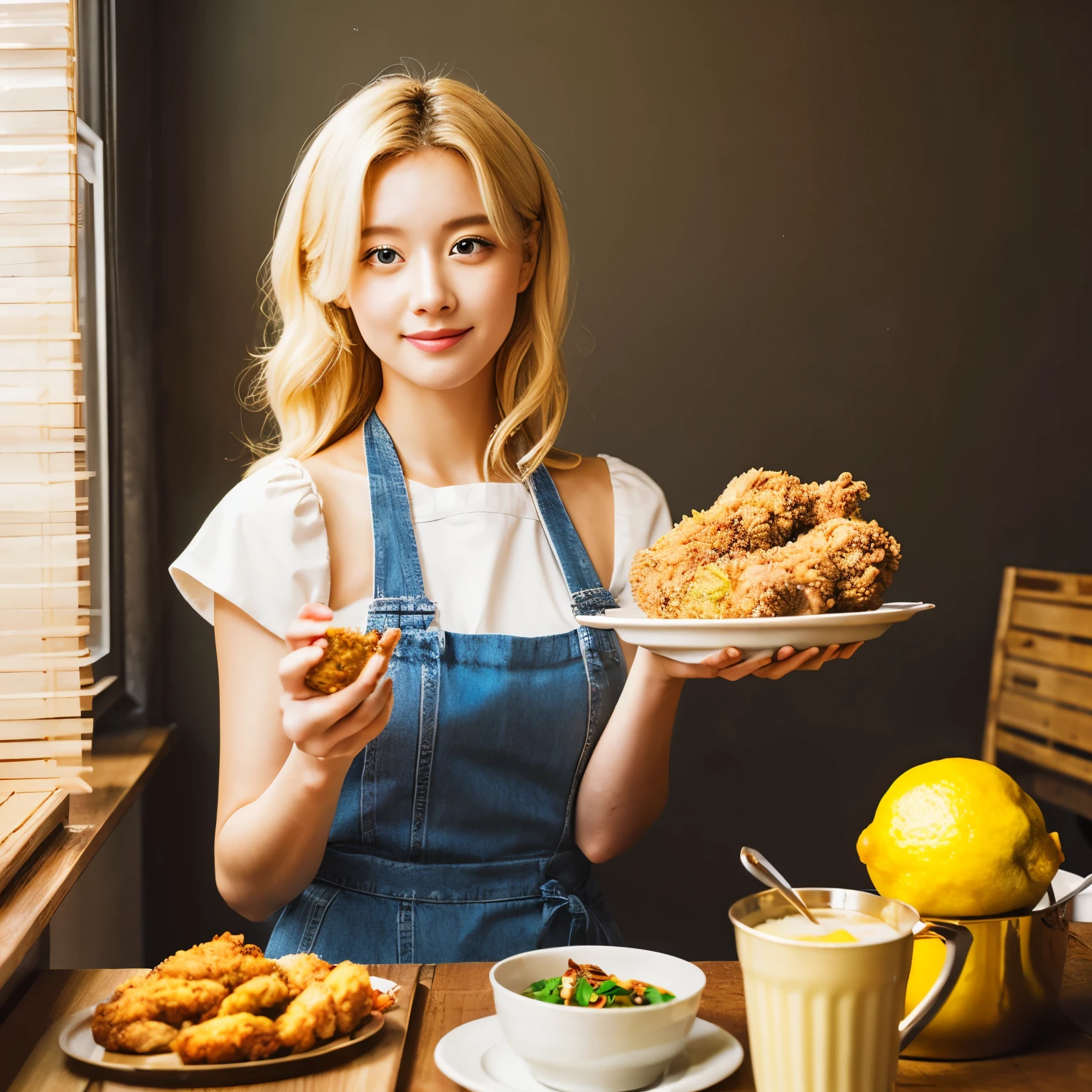 Beautiful blonde woman holding fried chicken and lemon
