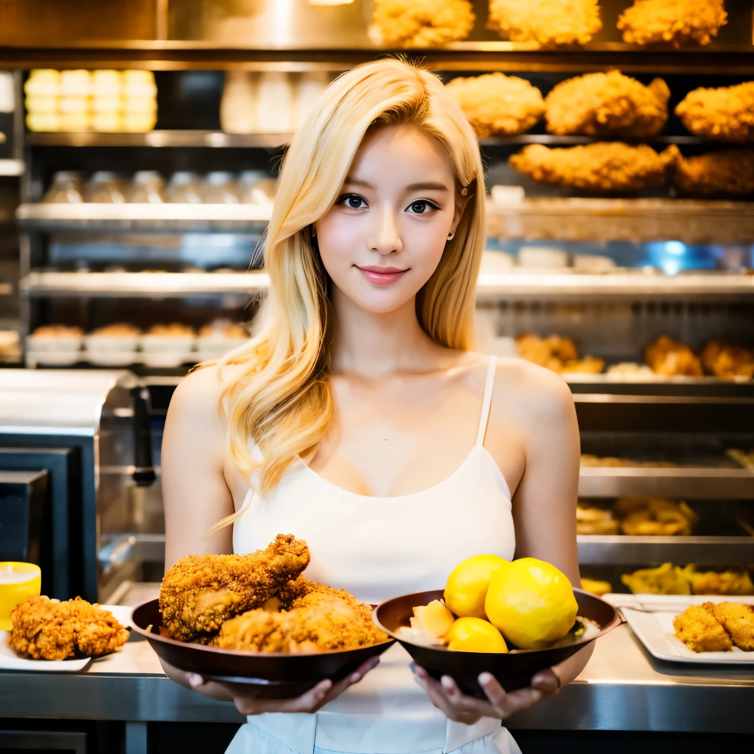 Beautiful blonde woman holding fried chicken and lemon