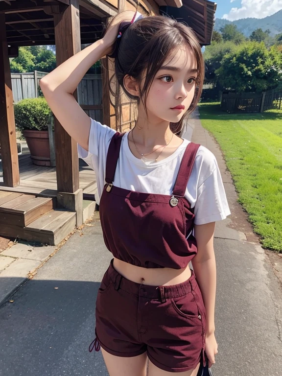 a 12 years village girl with cute ponytail, wear maroon clothes and shortpants in a rural