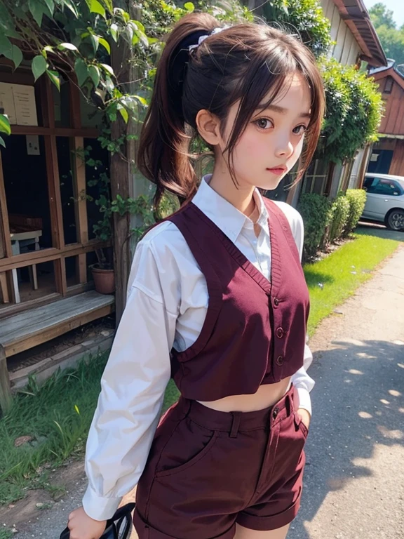 a 12 years village girl with cute ponytail, wear maroon clothes and shortpants in a rural