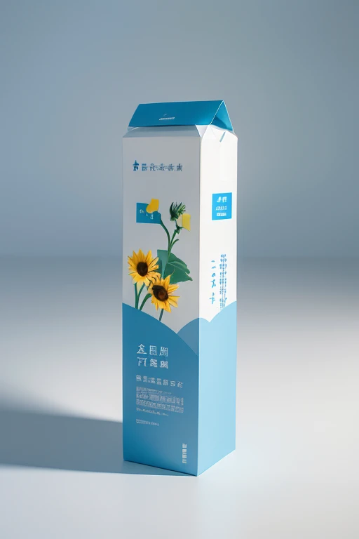 Medicine carton packaging with simplicity and futuristic design concept,It is an ordinary tube paper box,Only this paper box appears on the screen,The main object on the paper box is a light blue sunflower pattern,The overall base is white,Decorated with light gold lines