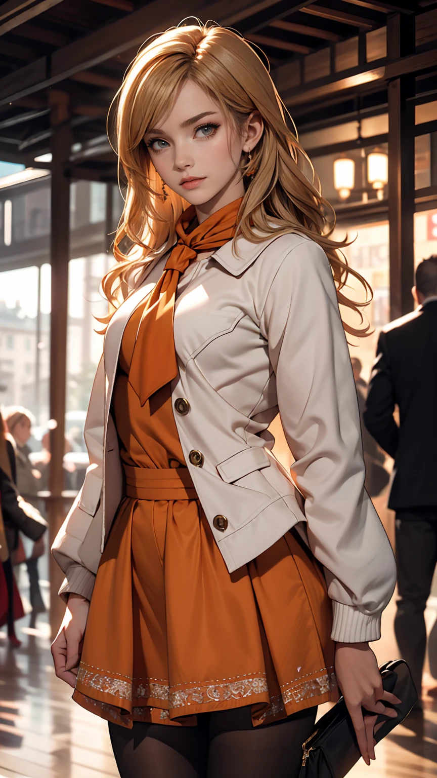 One girl, masterpiece, 最high quality, high quality, Olga_Marie, white_hair, orange_eye, LONG hair, eyeの間の毛, Long sleeve, Jacket, Red Ascot, dress, skirt, pantyhose, とても長いhair, Cowboy Shot,