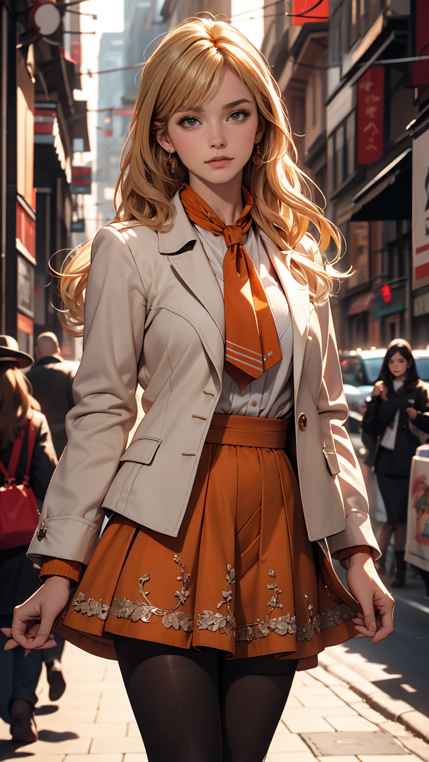 One girl, masterpiece, 最high quality, high quality, Olga_Marie, white_hair, orange_eye, LONG hair, eyeの間の毛, Long sleeve, Jacket, Red Ascot, dress, skirt, pantyhose, とても長いhair, Cowboy Shot,
