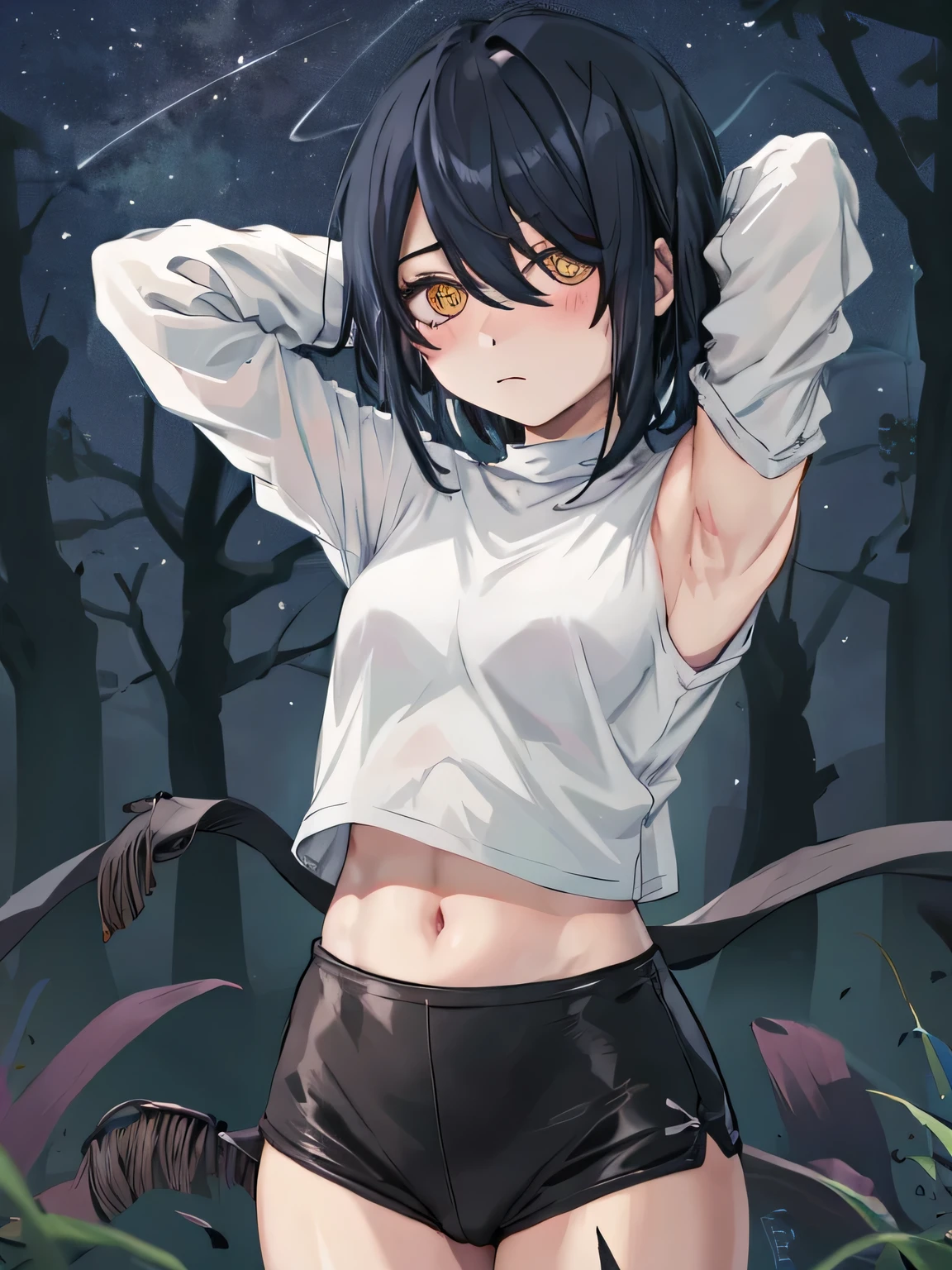 nayuta, 1girl, solo, black t-shirt, long sleeves, collarbone, navel, ringed eyes, red eyes, hair between eyes, short hair, black hair, looking at viewer, arms behind head, closed_mouth, night sky, forest, spread armpits, midriff, contrapposto, (cowboy shot:1.5), blush, expressionless,