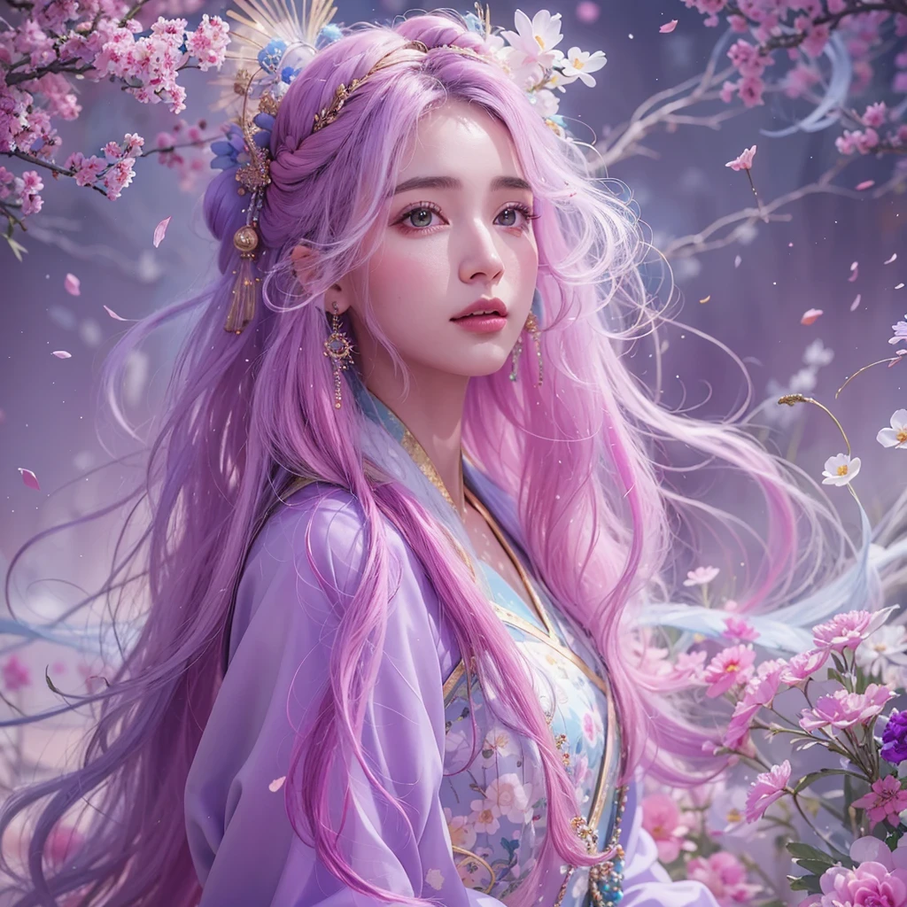 （（（Single eyelid）））Snow hoop exclusion area 32K（tmasterpiece，k hd，hyper HD，32K）Long flowing purple-pink hair，Autumn Pond，zydink， a color， Tongzhou people （Girl with glowing eyes）， （Thin silk scarf）， Side squat position， looking at the ground， long whitr hair， Floating hair， Python headdress， Chinese long-sleeved clothing， （abstract ink splash：1.2）， white backgrounid，Lotus protector（realisticlying：1.4），Purple-pink hair，Snowflakes fluttering，The background is pure， A high resolution， the detail， RAW photogr， Sharp Re， Nikon D850 Film Stock Photo by Jefferies Lee 4 Kodak Portra 400 Camera F1.6 shots, Rich colors, ultra-realistic vivid textures, Dramatic lighting, Unreal Engine Art Station Trend, cinestir 800，Long flowing purple-pink hair，((masterpiece)). This artwork is sweet, dreamy and ethereal, with soft pink watercolor hues and candy accents. Generate a delicate and demure fae exploring a (bubblegum world with a wide variety of pastel shades). Her sweet face is extremely detailed and realistic with elegant features and a fierce expression, and looks like ((((naomi scott)))). Include mature features and stunning, highly realistic eyes. Her eyes are important and should be realistic, highly detailed, and beautiful. In high definition and detail, include lots of details like stars, galaxies, colorful bubbles, colorful petals, and lots of energy and emotion! The stars and colorful bubblegum bubbles are important! Include fantasy details, enhanced details, iridescence, colorful glittering wind, and pollen. Pay special attention to her face and make sure it is beautifully and realistically detailed. The image should be dreamy and ethereal.8k, intricate, elegant, highly detailed, majestic, digital photography