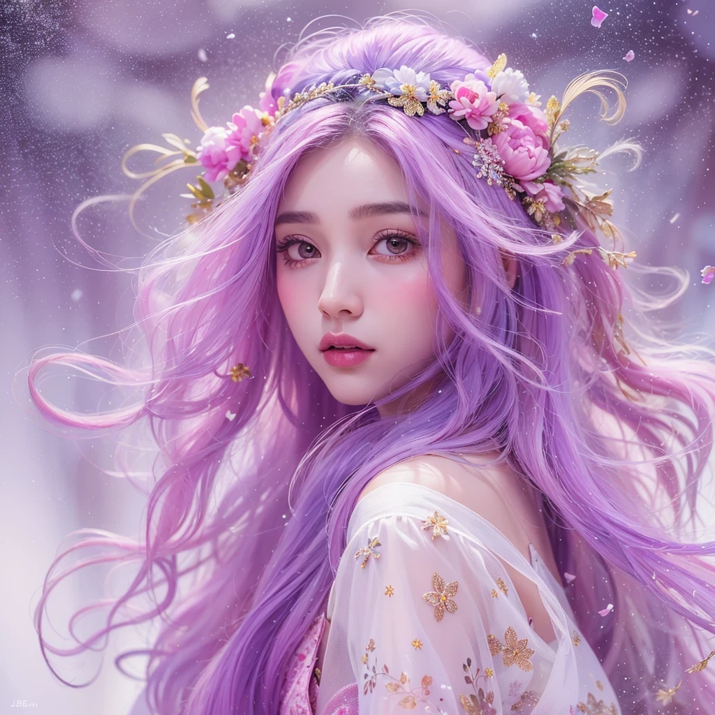 （（（Single eyelid）））Snow hoop exclusion area 32K（tmasterpiece，k hd，hyper HD，32K）Long flowing purple-pink hair，Autumn Pond，zydink， a color， Tongzhou people （Girl with glowing eyes）， （Thin silk scarf）， Side squat position， looking at the ground， long whitr hair， Floating hair， Python headdress， Chinese long-sleeved clothing， （abstract ink splash：1.2）， white backgrounid，Lotus protector（realisticlying：1.4），Purple-pink hair，Snowflakes fluttering，The background is pure， A high resolution， the detail， RAW photogr， Sharp Re， Nikon D850 Film Stock Photo by Jefferies Lee 4 Kodak Portra 400 Camera F1.6 shots, Rich colors, ultra-realistic vivid textures, Dramatic lighting, Unreal Engine Art Station Trend, cinestir 800，Long flowing purple-pink hair，((masterpiece)). This artwork is sweet, dreamy and ethereal, with soft pink watercolor hues and candy accents. Generate a delicate and demure fae exploring a (bubblegum world with a wide variety of pastel shades). Her sweet face is extremely detailed and realistic with elegant features and a fierce expression, and looks like ((((naomi scott)))). Include mature features and stunning, highly realistic eyes. Her eyes are important and should be realistic, highly detailed, and beautiful. In high definition and detail, include lots of details like stars, galaxies, colorful bubbles, colorful petals, and lots of energy and emotion! The stars and colorful bubblegum bubbles are important! Include fantasy details, enhanced details, iridescence, colorful glittering wind, and pollen. Pay special attention to her face and make sure it is beautifully and realistically detailed. The image should be dreamy and ethereal.8k, intricate, elegant, highly detailed, majestic, digital photography