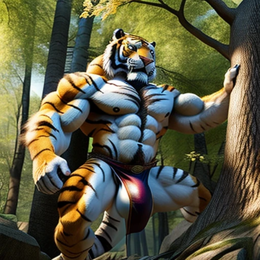 Tiger Man、Tiger face、Tiger Body、Body hair all over the body、Long body hair、thick tail、pure white belly、Patternless belly、Jumping、Kicking、straighten one leg、Upturned face、Big golden eyes、sharp claws, white fang opens、On the branches of trees、Composition from the side、White loincloth、massive bulge, abdominals