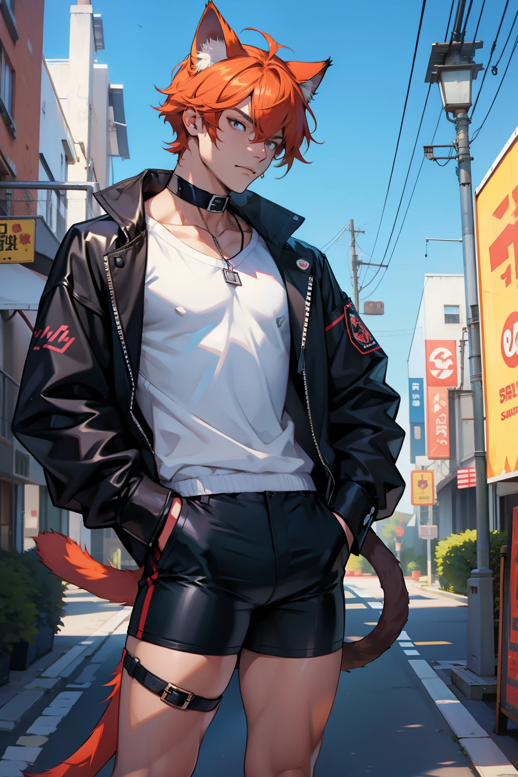 1boy, cat ears, cat tail, slim body, ginger, tight clothes, hotpants, choker 