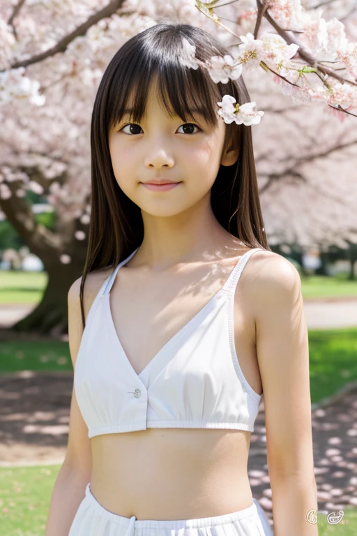 highest quality, High resolution, Realistic photo, Detailed skin texture, ((Cute 8 year old Japanese girl wearing a short white camisole)), View your viewers, Slim figure, Attractive gaze, Fair skin, (Flat Chest:1.5), Straight long hair, (:1.2), In the park with cherry blossoms falling