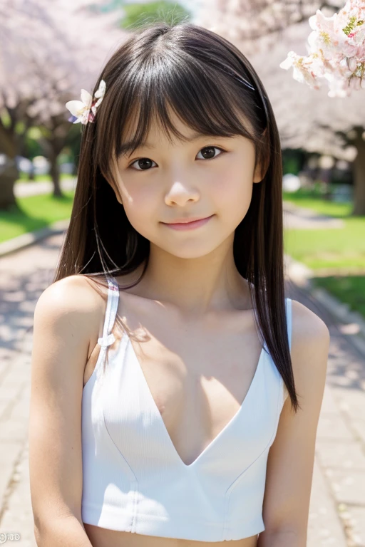 highest quality, High resolution, Realistic photo, Detailed skin texture, ((Cute 8 Japanese girl wearing a short white camisole)), View your viewers, Slim figure, Attractive gaze, Fair skin, (Flat Chest:1.5), Straight long hair, (loli:1.2 In the park with cherry blossoms falling
