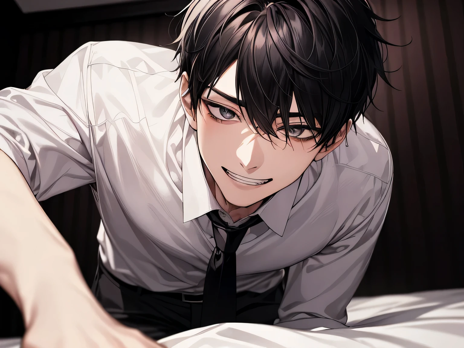 Love hotel room,night,night,Dark atmosphere,Upper Body, Face close-up,30-year-old male,1 boy、grin,Black Hair、loosen your tie,Take off,white shirt shirt,,From below,Angle from below,Excited,A tense look,Background dark room,night,bed