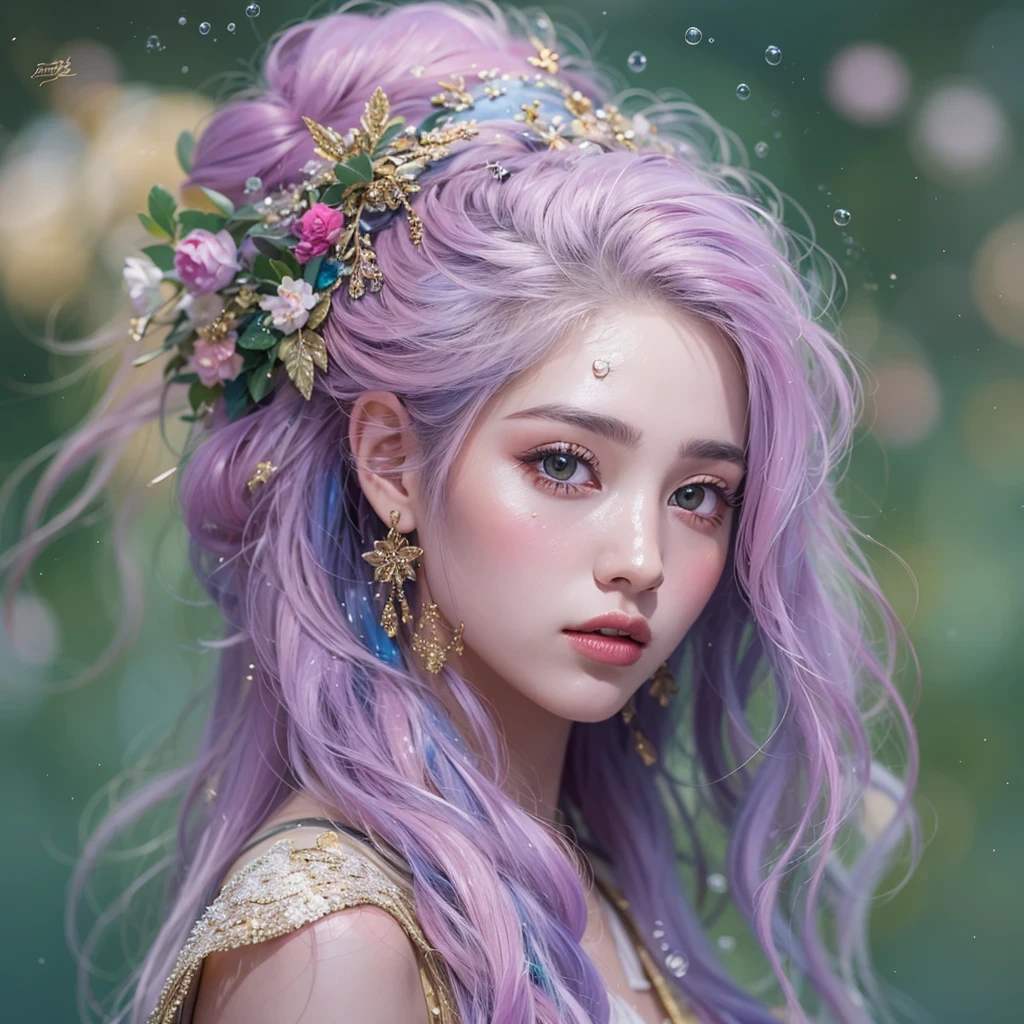 (((Single eyelid)))Snow hoop exclusion area 32K(tmasterpiece,k hd,hyper HD,32K)Long flowing purple-pink hair,Autumn Pond,zydink, a color, Tongzhou people (Girl with glowing eyes), (Thin silk scarf), Side squat position, looking at the ground, long whitr hair, Floating hair, Python headdress, Chinese long-sleeved clothing, (abstract ink splash:1.2), white backgrounid,Lotus protector(realisticlying:1.4),Purple-pink hair,Snowflakes fluttering,The background is pure, A high resolution, the detail, RAW photogr, Sharp Re, Nikon D850 Film Stock Photo by Jefferies Lee 4 Kodak Portra 400 Camera F1.6 shots, Rich colors, ultra-realistic vivid textures, Dramatic lighting, Unreal Engine Art Station Trend, cinestir 800,Long flowing purple-pink hair,((masterpiece)). This artwork is sweet, dreamy and ethereal, with soft pink watercolor hues and candy accents. Generate a delicate and demure fae exploring a (bubblegum world with a wide variety of pastel shades). Her sweet face is extremely detailed and realistic with elegant features and a fierce expression, and looks like ((((naomi scott)))). Include mature features and stunning, highly realistic eyes. Her eyes are important and should be realistic, highly detailed, and beautiful. In high definition and detail, include lots of details like stars, galaxies, colorful bubbles, colorful petals, and lots of energy and emotion! The stars and colorful bubblegum bubbles are important! Include fantasy details, enhanced details, iridescence, colorful glittering wind, and pollen. Pay special attention to her face and make sure it is beautifully and realistically detailed. The image should be dreamy and ethereal.8k, intricate, elegant, highly detailed, majestic, digital photography