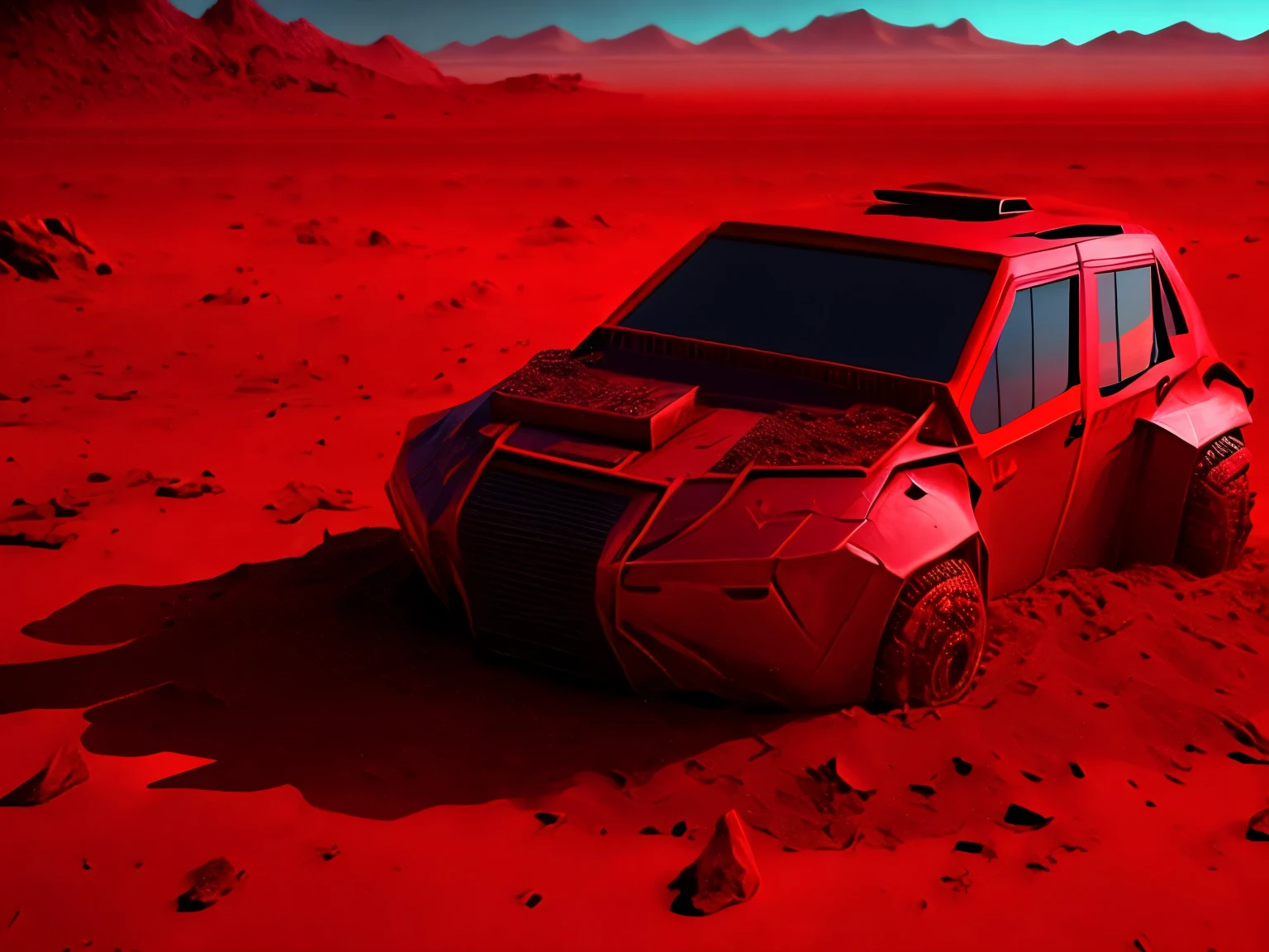 best quality, super fine, 16k, barren red soil, buried broken semiconductor bases, end where everything has died, post-apocalyptic wasteland, background red, scorching mirage