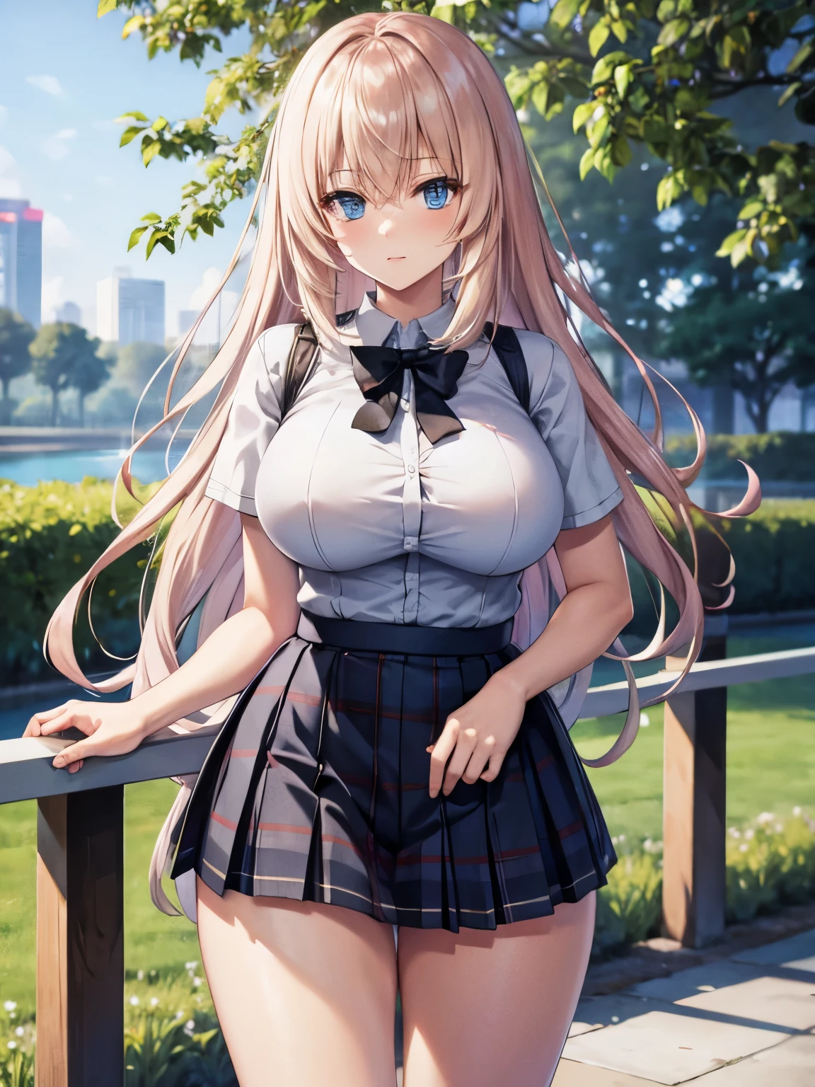 1 adult woman, very beautiful, standing,In the park,wearing a white shirt, short sleeve shirt,Short black skirt, plaid skirt, black tie, very big breast, blonde hair,blonde hair, blue eyes, white skin, long hair,elegant, cute, ultra detailed, ultra HD