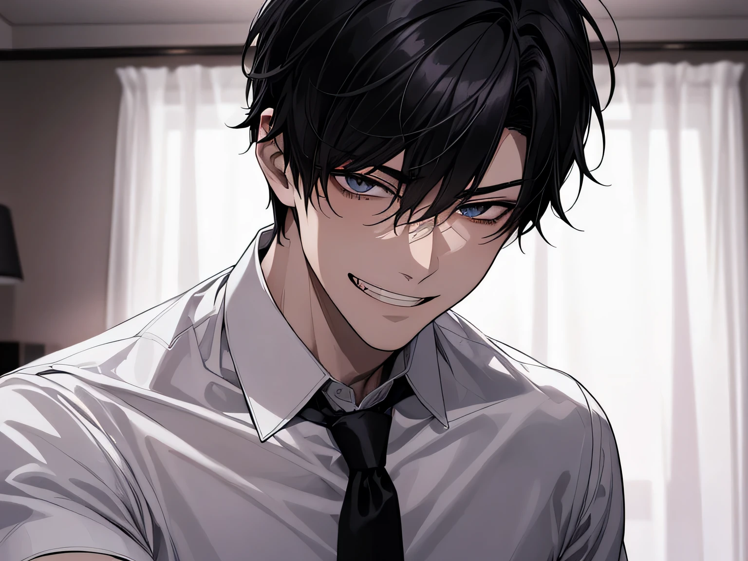 Love hotel room,night,night,Dark atmosphere,Upper Body, Face close-up,30-year-old male,1 boy、grin,Black Hair、loosen your tie,Take off,white shirt shirt,,From below,Angle from below,Excited,A tense look,Background dark room,night,bed