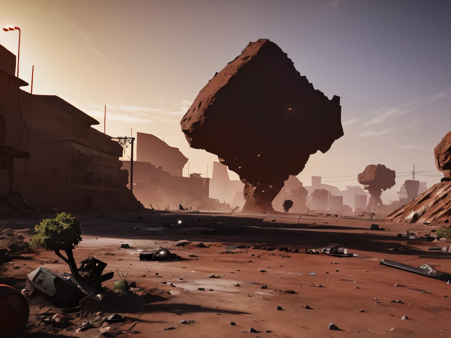 best quality, super fine, 16k, barren red soil, buried broken semiconductor bases, end where everything has died, post-apocalyptic wasteland, background red, scorching mirage