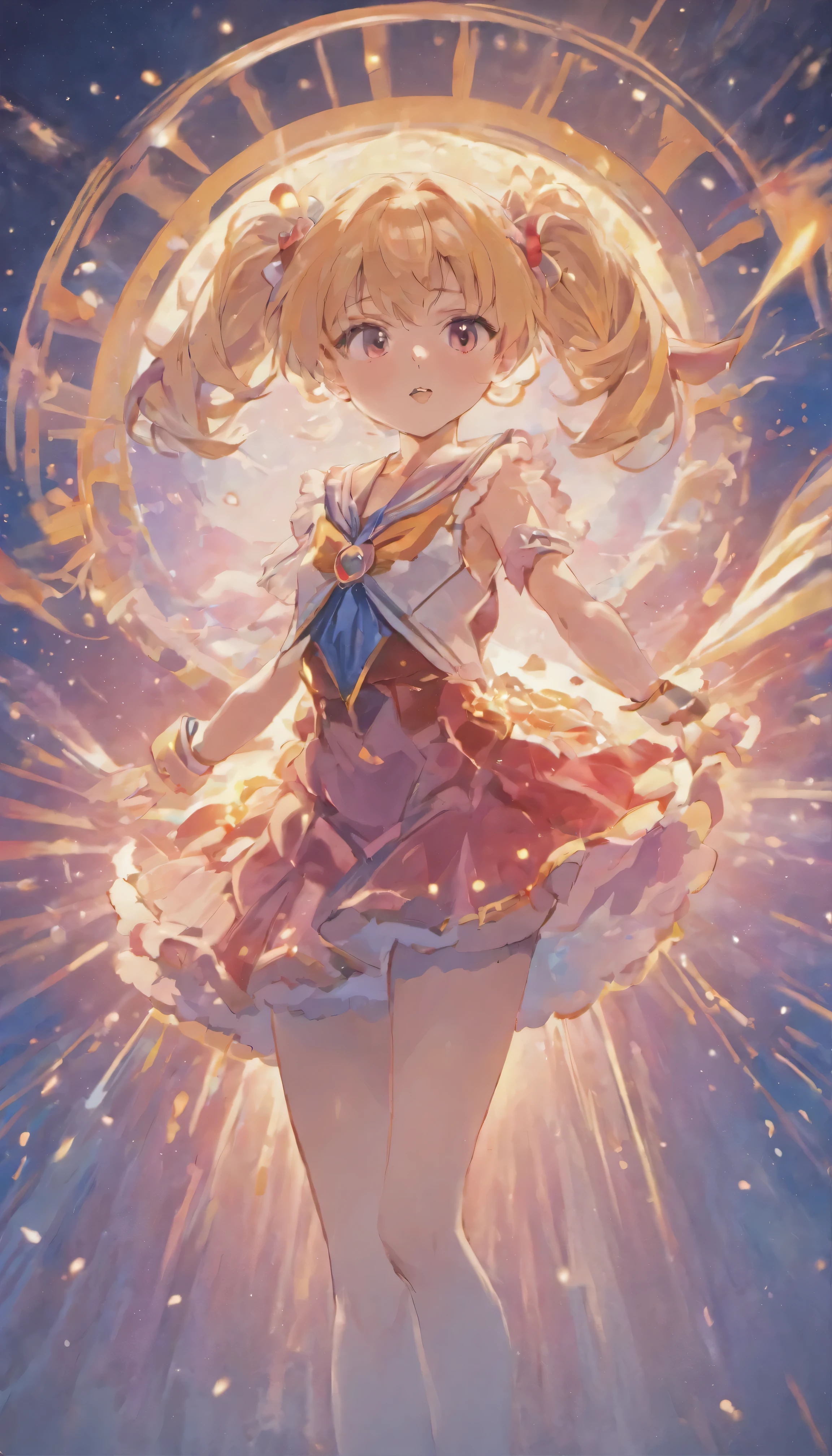 masterpiece、highest quality、Ultra-high resolution、Beautifully detailed hair reminiscent of Sailor Moon&#39;s iconic twin tails、Perfection personified、anime、Japan、Attractive and ever-popular characters、Elegant sailor suit、Red ribbon、Moon Symbol、Soft look、Enchanting、Akira Toriyama、Naoko Takeuchi、Or the artistic mastery of Yoshihiko Ike、Creates a magnetic aura、A true testament to the magic of anime storytelling。