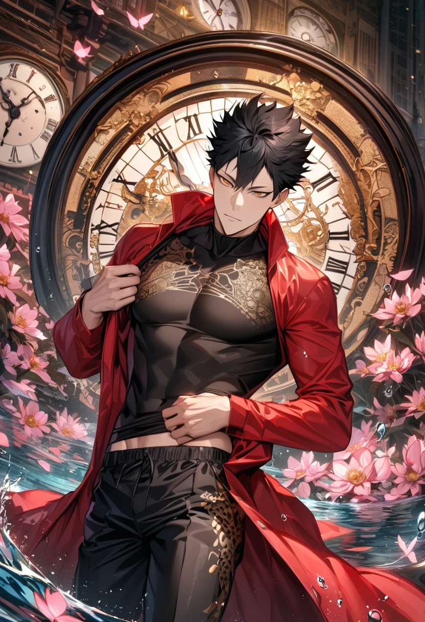 Ultra detailed, highres, absurdres, HDR, Kuroo Tetsurou, black hair, golden eyes, red long coat, black tight shirt with patterns, Haikyuu, water, pink flowers, pink butterflies, clock, sexy man, solo, handsome, very detailed face and eyes, toned chest, black pants,