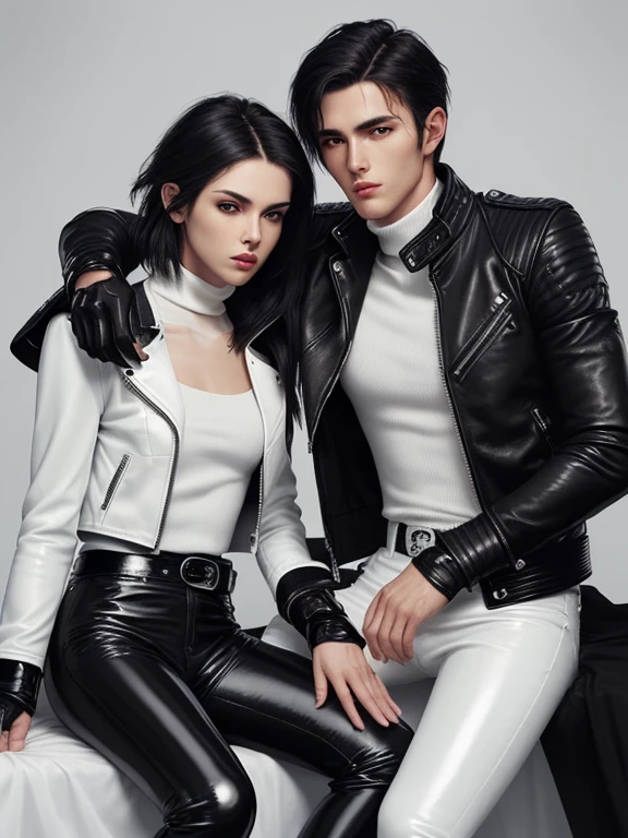 Final Fantasy-style graphics, young, Two cute and cool Japanese boys, Thin eyebrows and big eyes, They are both wearing shiny white single-breasted leather jackets..。Biker style leather jacket、 with epaulettes, The jacket is zipped up, The jacket pockets are black., The jacket has a high stand-up collar with a belt,They both also wore black turtlenecks., They both wore black leather pants., Both of them were wearing thin black leather gloves., They both wore black leather knee-high lace-up boots., Please show us your whole bodies, both of you, from head to toe., Final Fantasy Style、((Two handsome guys))、((Clear eyes and nose))、((Shiny white single leather jacket))、((The jacket must be white))((The jacket has epaulettes))、((The jacket has a high stand-up collar and is belted.))、((The jacket has a black pocket))、((Black turtleneck shirt))、((Shiny black leather pants))、((Shiny black leather gloves on both hands))、((Black lace-up leather long boots))、((Both of them are dressed exactly the same))、((View a head-to-toe image in the distance))、Realistic image quality and texture、In a small cell、close your eyes、Has a gentle smile、((The jacket is closed with a zipper))、((No exposed skin below the neck))、((Sitting on the bed))、((The two of them huddled together))