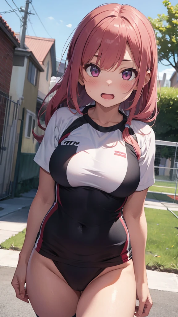 mastute piece,Best Quality,insanely detailed,8k cg,
shoot upper body,
1girl,standing,body in front,looking at viewer,(volleyball uniform,buruma),
blush,shy,(trembling:1.2),pink hair,break,open mouth,volleyball court,