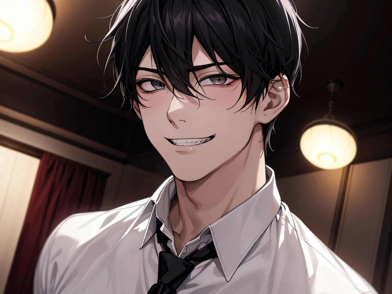 Love hotel room,night,night,Dark atmosphere,Upper Body, Face close-up,30-year-old male,1 boy、grin,Black Hair、loosen your tie,Take off,white shirt shirt,,From below,Angle from below,Excited,A tense look,Background dark room,night,bed