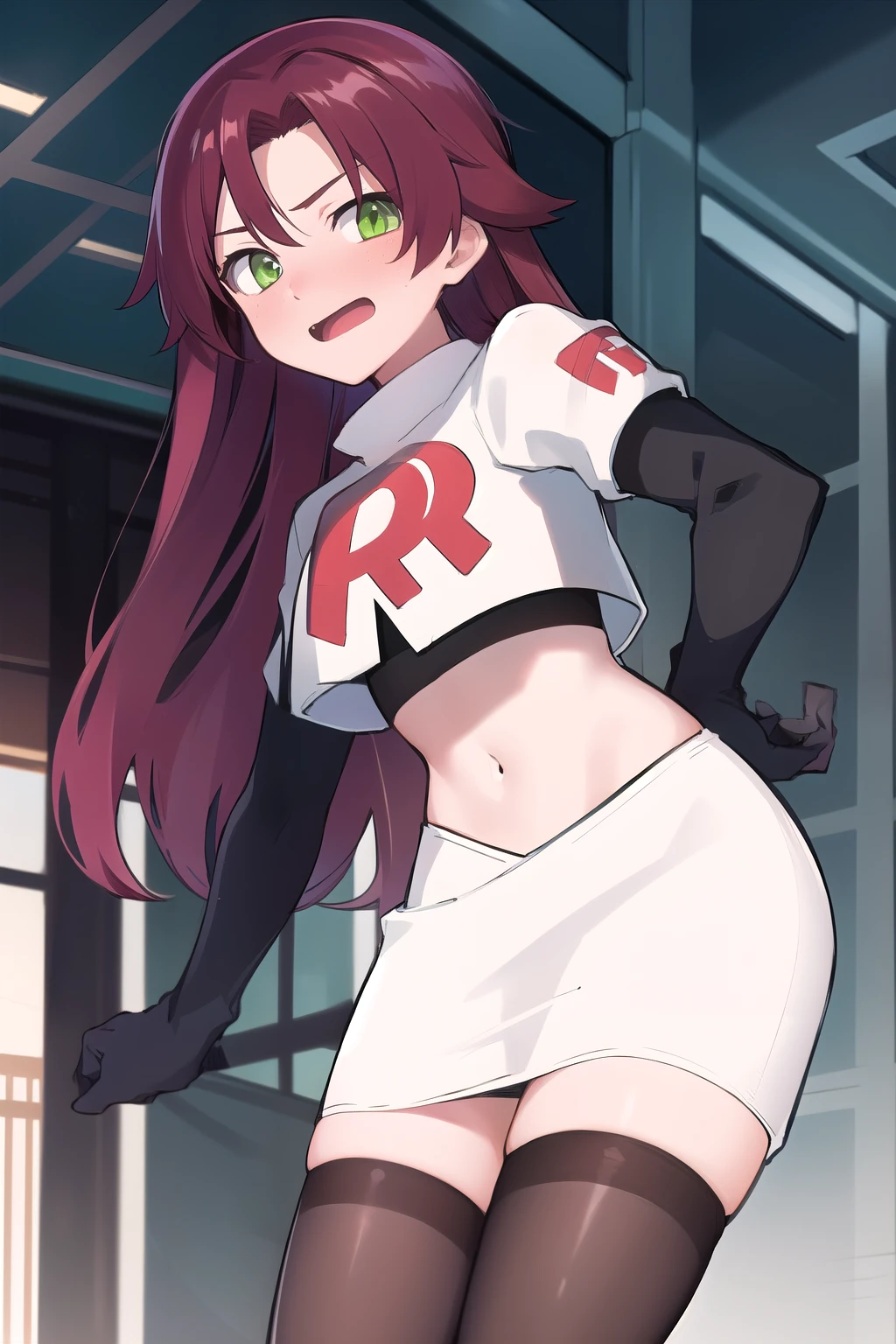 masterpiece, absurdres, Shikanoin Heizou, green eyes,male focus, trap, crossdressing,1boy,team rocket,team rocket uniform,white skirt,red letter R,crop top,black thigh-highs,black elbow gloves, embarrassed, blush