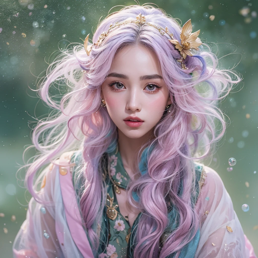 （（（Single eyelid）））Snow hoop exclusion area 32K（tmasterpiece，k hd，hyper HD，32K）Long flowing purple-pink hair，Autumn Pond，zydink， a color， Tongzhou people （Girl with glowing eyes）， （Thin silk scarf）， Side squat position， looking at the ground， long whitr hair， Floating hair， Python headdress， Chinese long-sleeved clothing， （abstract ink splash：1.2）， white backgrounid，Lotus protector（realisticlying：1.4），Purple-pink hair，Snowflakes fluttering，The background is pure， A high resolution， the detail， RAW photogr， Sharp Re， Nikon D850 Film Stock Photo by Jefferies Lee 4 Kodak Portra 400 Camera F1.6 shots, Rich colors, ultra-realistic vivid textures, Dramatic lighting, Unreal Engine Art Station Trend, cinestir 800，Long flowing purple-pink hair，((masterpiece)). This artwork is sweet, dreamy and ethereal, with soft pink watercolor hues and candy accents. Generate a delicate and demure fae exploring a (bubblegum world with a wide variety of pastel shades). Her sweet face is extremely detailed and realistic with elegant features and a fierce expression, and looks like ((((naomi scott)))). Include mature features and stunning, highly realistic eyes. Her eyes are important and should be realistic, highly detailed, and beautiful. In high definition and detail, include lots of details like stars, galaxies, colorful bubbles, colorful petals, and lots of energy and emotion! The stars and colorful bubblegum bubbles are important! Include fantasy details, enhanced details, iridescence, colorful glittering wind, and pollen. Pay special attention to her face and make sure it is beautifully and realistically detailed. The image should be dreamy and ethereal.8k, intricate, elegant, highly detailed, majestic, digital photography